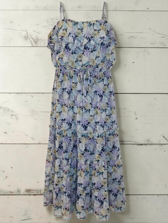 row a Dresses & Skirts - Cottagecore Floral Midi Sundress in Pastel Blues & Lilacs Tiered Ruffles Prairie